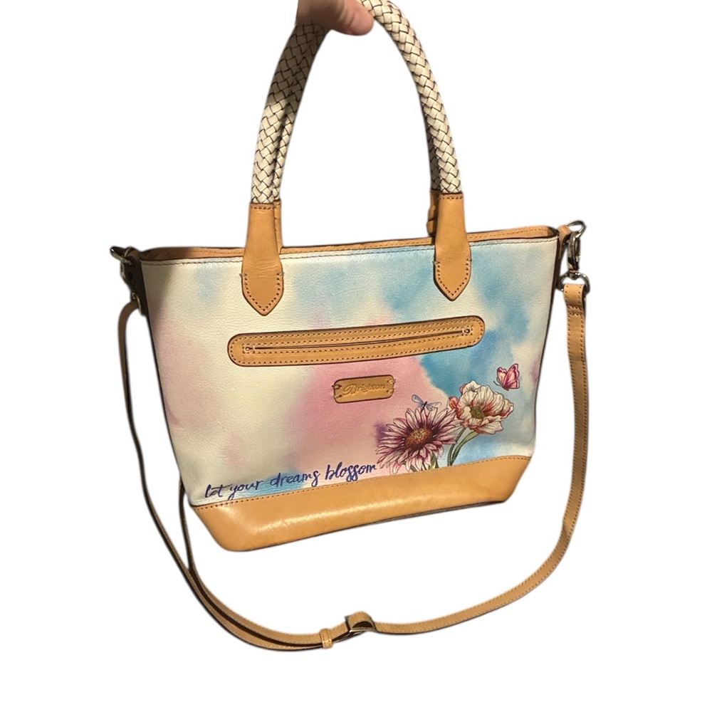 Brighton Floral Leather Shoulder Bag in Pink, Blue & Tan